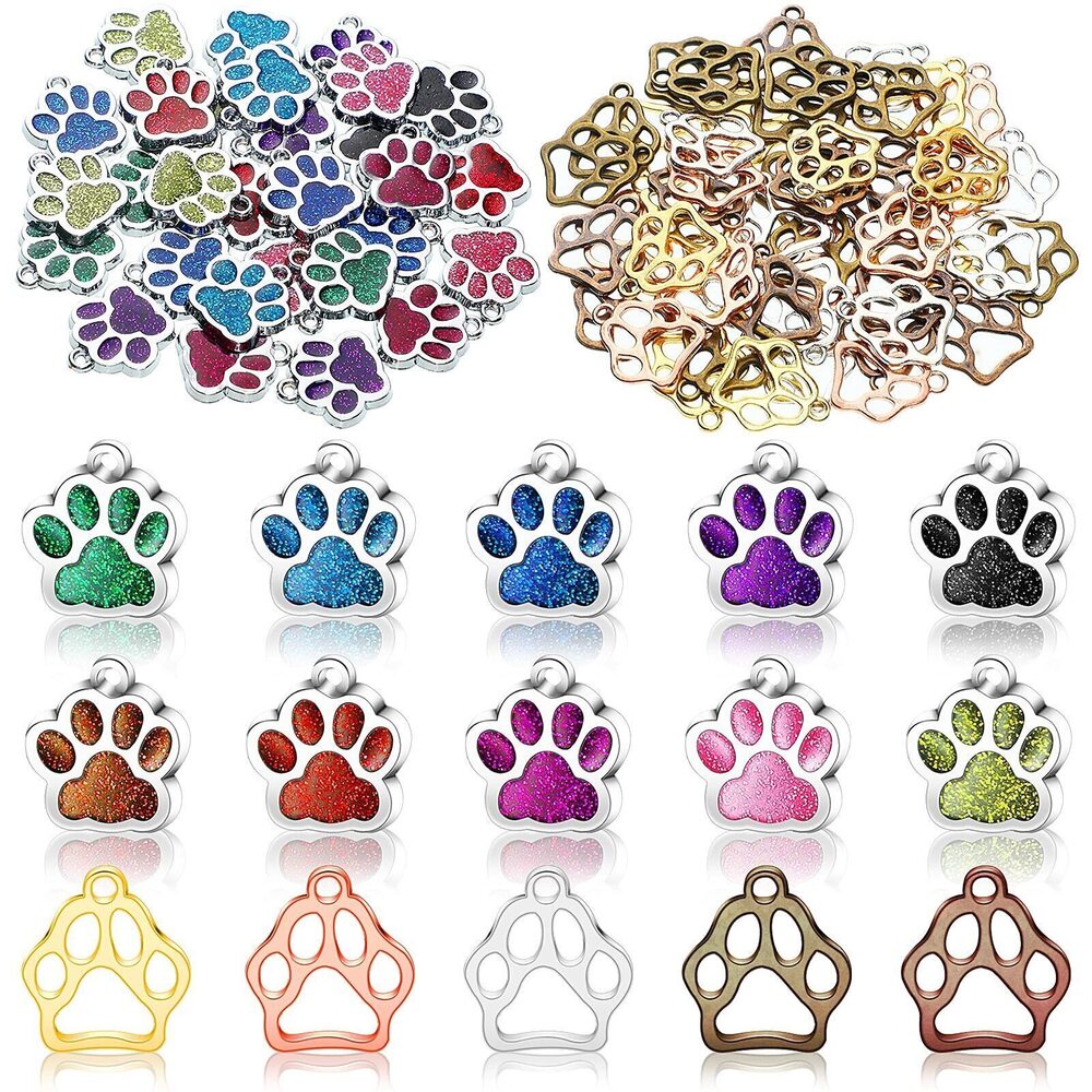 4717 100 Pieces Animal Paw Pendant Charm - Hollow Glitter Dog Cat Bead